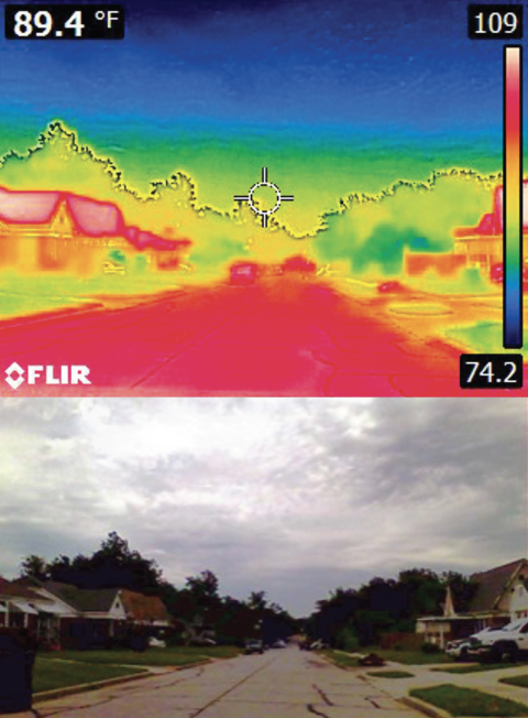 Two images stacked on on top of another: Top: A thermal image shows the streets and roofs can be up to 109 degrees when the ambient temperature is only 89.4 degrees, demonstrating the urban heat island effect in a residential neighborhood. Bottom: a non-thermal image of the neighborhood.