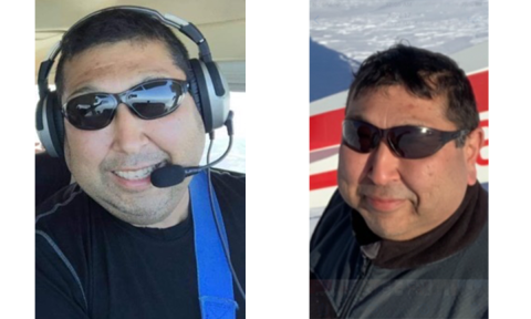 Two images. The first is a close up of a pilot with sunglasses and a headset inside the cockpit of a plane. The second image is a close up of the same pilot as the first image standing outside with a snow covered background and the tail end of a plane visible. 