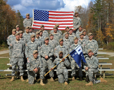 A company of soldiers post with a U.S. flag and their company guide on wearing tan berets and universal camouflage pattern army combat uniforms. 