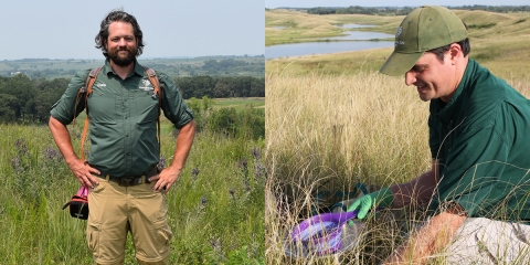Side-by-side image of two individuals working in prairie habitat.