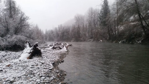 snowy gravel bank along river in winter