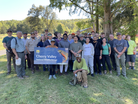 Mentored hunt program participants pose for a group photo at Cherry Valley National Wildlife Refuge