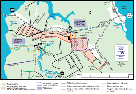 A complex map showing refuge property, roads, and trails, and marking which ones are open to motorized vehicles, closed to motorized vehicles, or closed to all entry. For accessibility, please call 252-473-1131.