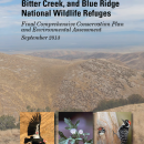 The cover page of the CCP document reading: U.S. Fish and Wildlife Service Hopper Mountain, Bitter Creek, and Blue Ridge National Wildlife Refuges Final Comprehensive Conservation Plan and Environmental Assessment September 2013. A photo of a condor a plant and a woodpecker imposed over a dry rolling protrero.