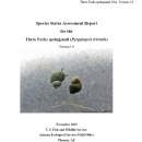 Species Status Assessment Report for the Three Forks Springsnail screenshot of the front page. It contains a picture of two conical-shaped, green striped shells.