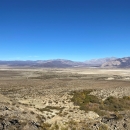 Aerial view of the arid, shrubby landscape with mountains in the background