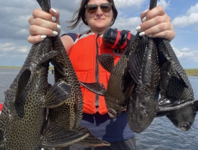 Intern Nicole Prieto showing non-native sailfin catfish collected during electrofishing surveys 
