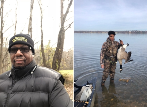  2 photos. Left: man in black coat, knit cap that says Maryland Hunter Education Instructor. Right: Young Man stands in water holding harvested goose