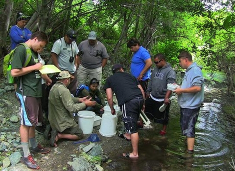 a group of people standing in an next to a stream looking in white buckets