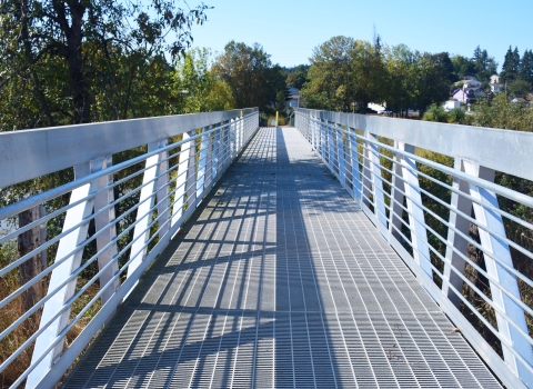 Steel-colored bridge has a grated material as the base, and tall handrails. Trees in distance.