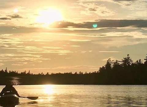 A kayaker paddling toward a setting sunset on a pond surrounded by evergreen trees