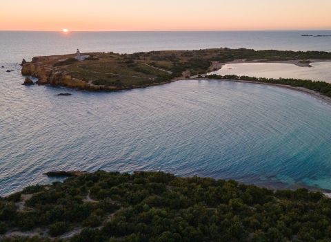 Aerial view of a beach with the sun setting in the background