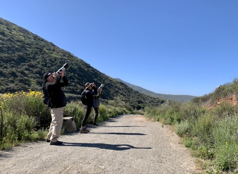 Three photographers stands a few feet next to each other on a trail while photographing something in the sky.