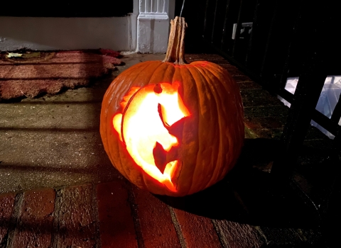 jumping bass fish is carved into a pumpkin that’s sitting near the front door of a house.