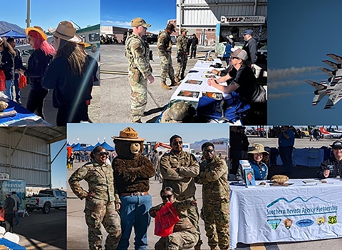 Montage of photos showing people, air force jets, and smokey bear