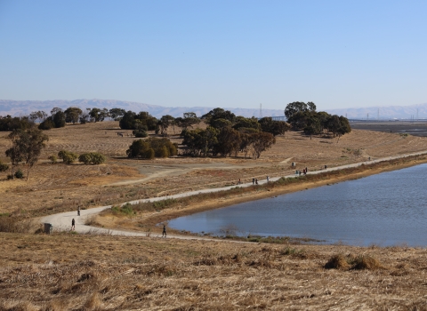 Long view of walkers and cyclists using the Flyway Trail at Don Edwards San Francisco Bay National Wildlife Refuge.