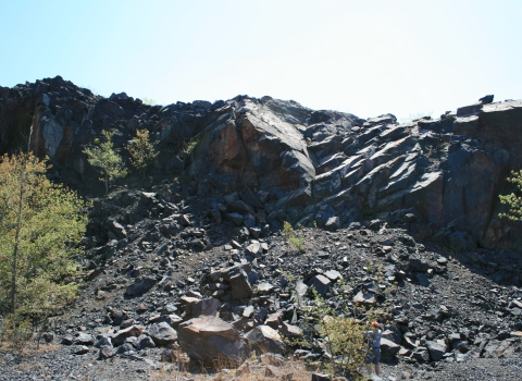 A photo of a rocky mountain side with trees in the foreground.