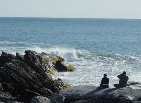 Two adults sitting on rock with back facing camera, looking out into crashing waves in ocean.