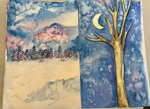 Two watercolor paintings illustrate trees with a dark sky background in a winter scene. Table salt sprinkled onto damp watercolors creates fractal designs in the paint.