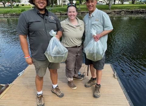 Three people holding fish on a pier above a river.