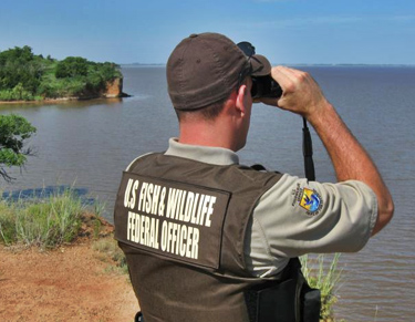 A US Fish and Wildlife Federal Officer looks across a lake with binoculars