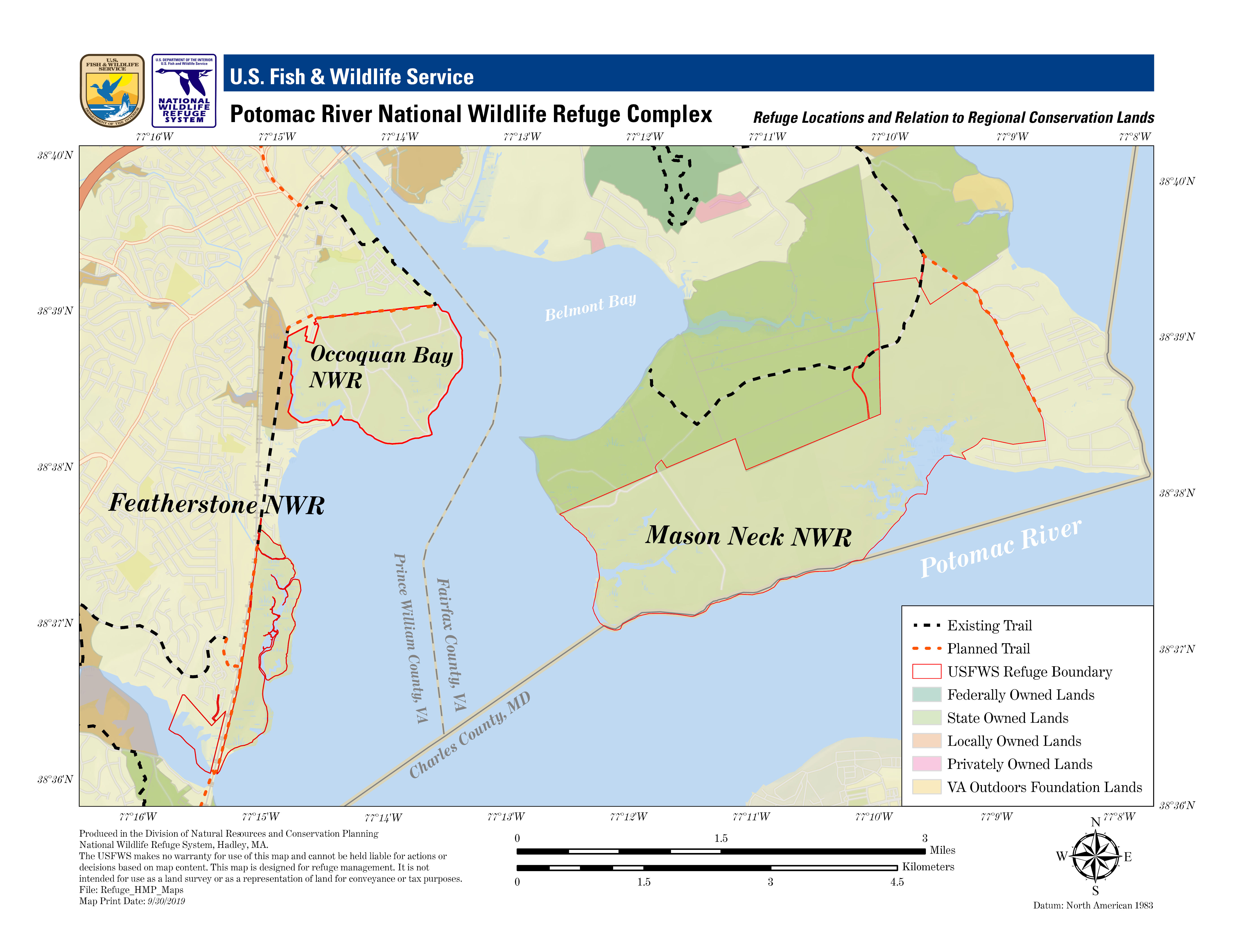 A map identifying all 3 refuges in the Potomac River NWRC