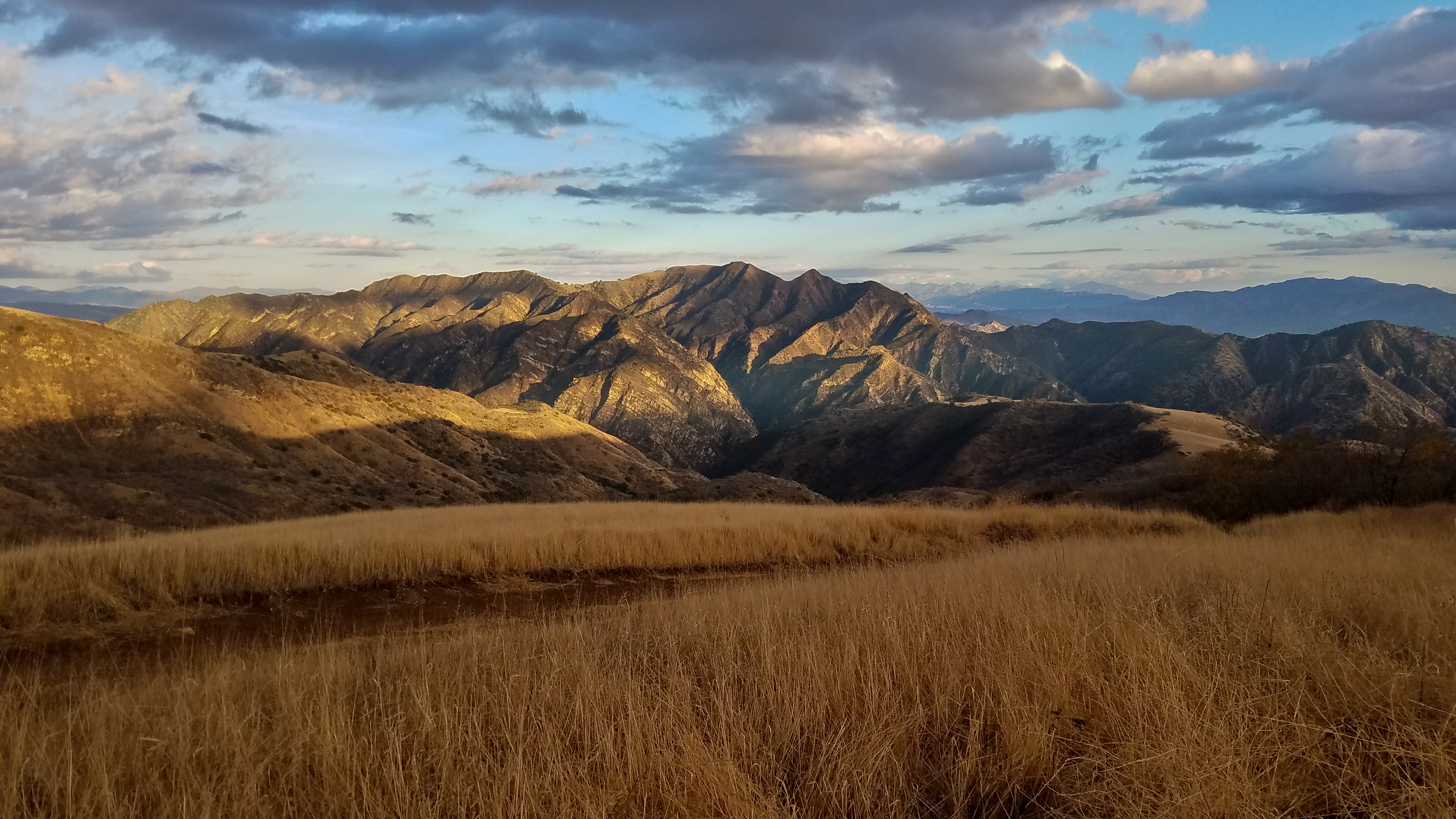 A golden grass rolling field approaches a canyon with rugged ridgelines continuing into the top third of the image which is light gold and clue sky with fluffy white and grey clouds