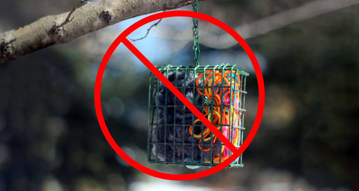 Staged photo of lint and yarn in a suet cage