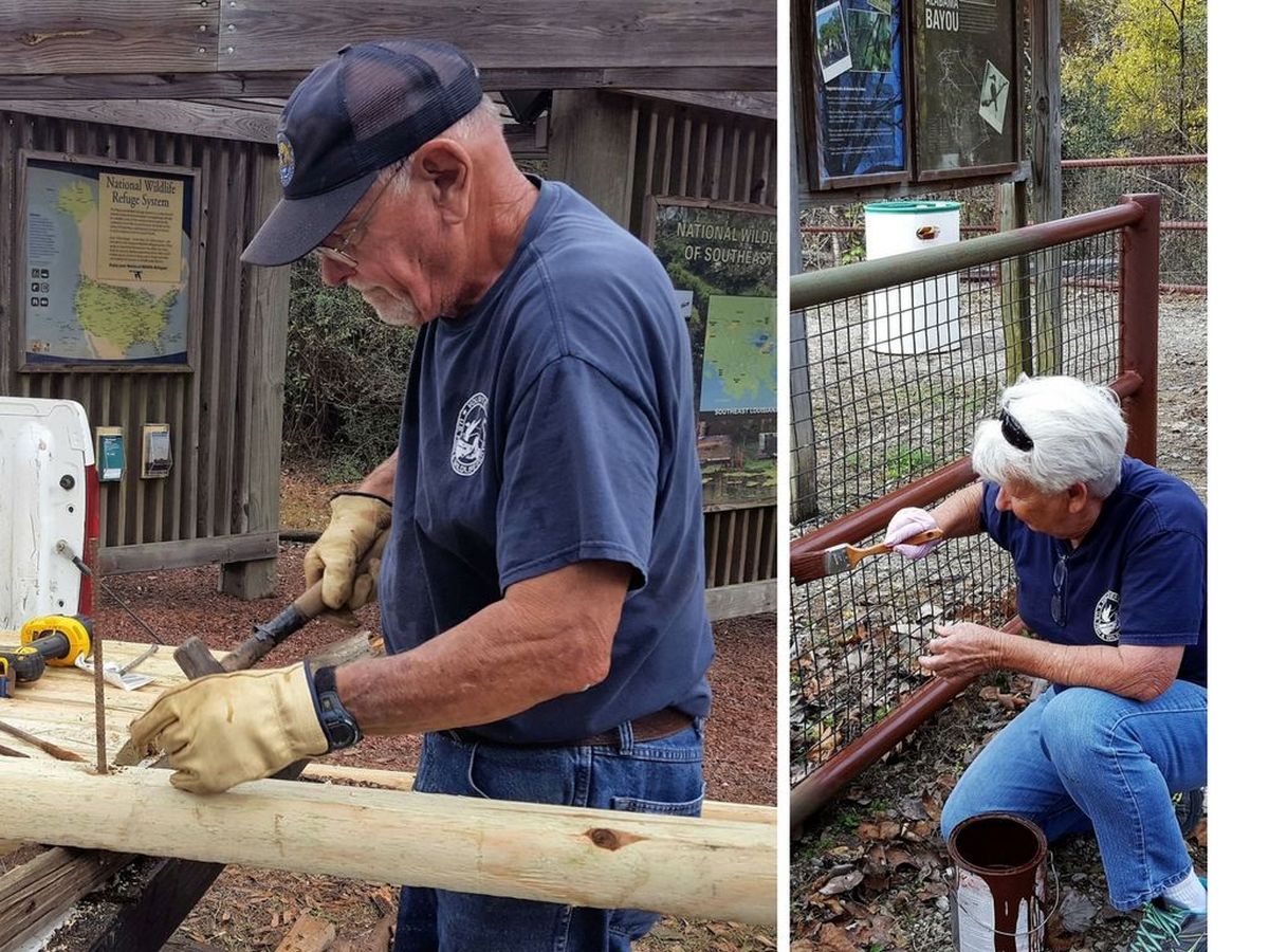 Left: Wally Sternberg replaces a rotted landscape timber at Big Branch Marsh National Wildlife Refuge. Right: Carolyn Sternberg primes a fence at Atchafalaya National Wildlife Refuge. Both refuges are part of the Southeast Louisiana National Wildlife Refuges Complex.