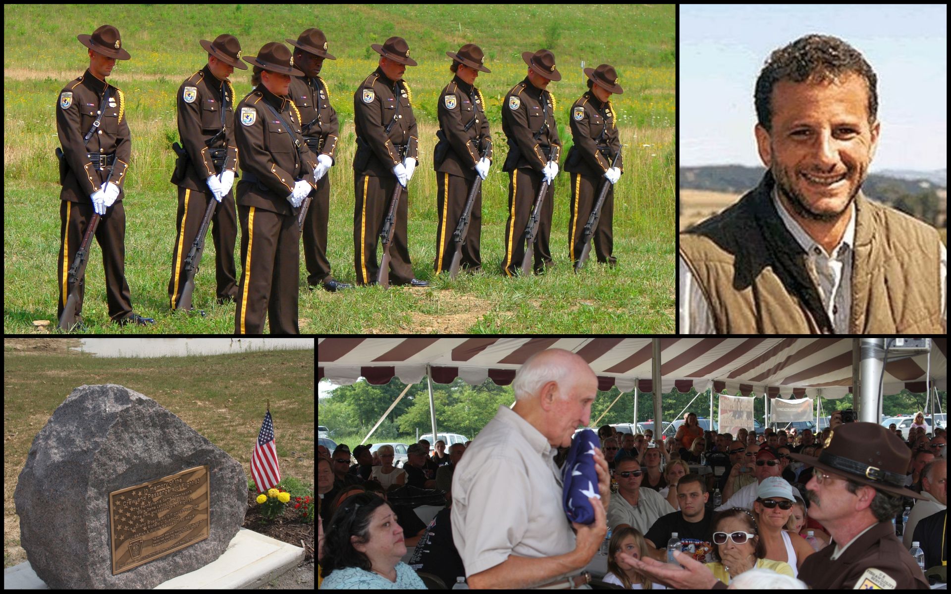 A Richard Guadagno portrait and three images from the Pennsylvania State Game Lands 93 dedication ceremony: Honor Guard members bowing in respect, a plaque to the fallen passengers, a flag presentation ceremony