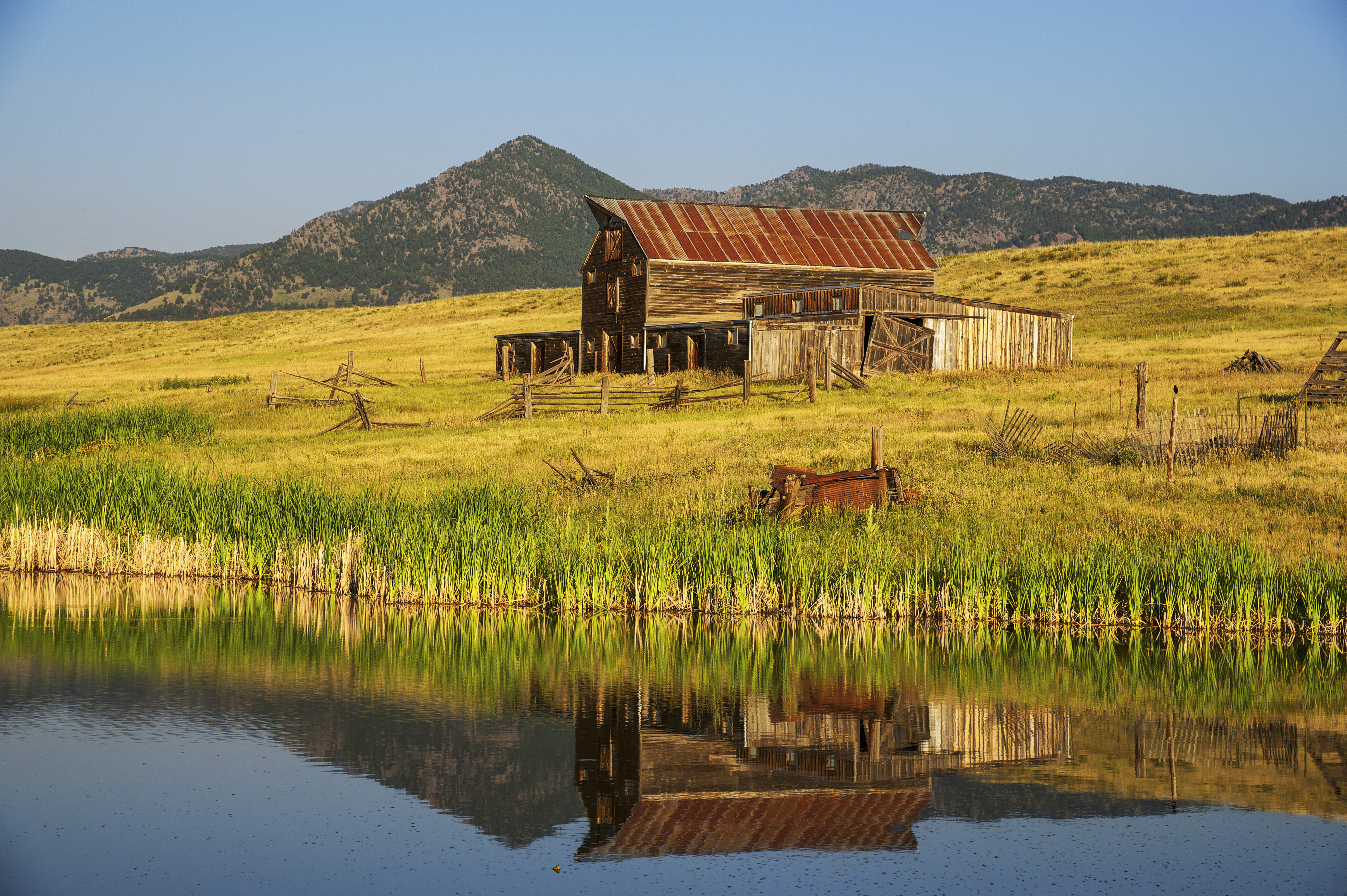 Lindsey Ranch barn with pond, reflection of barn in pond 
