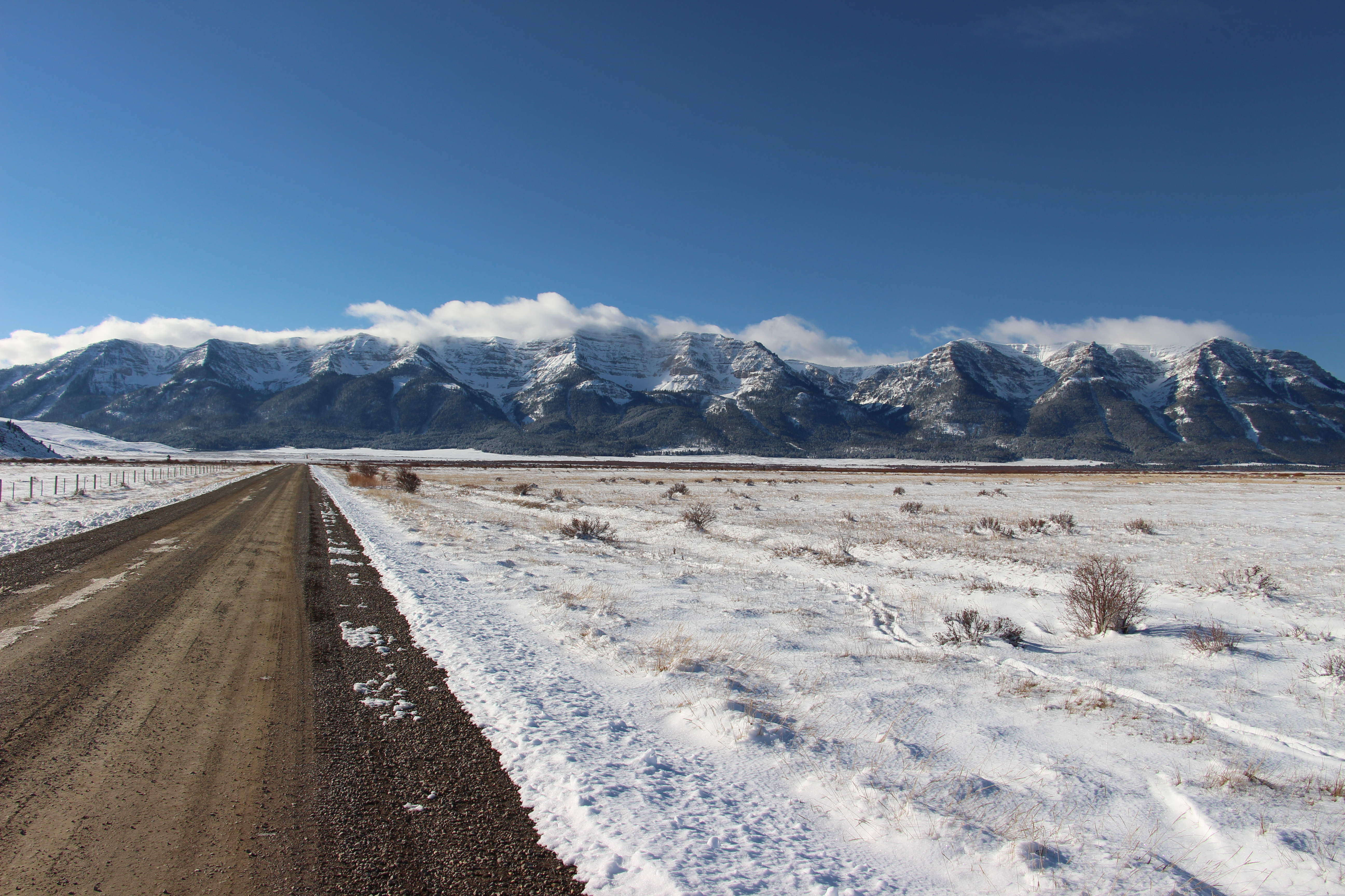 View of the snowy Centennial Mountains from Elk Lake Road as seen from Red Rock Lakes National Wildlife Refuge