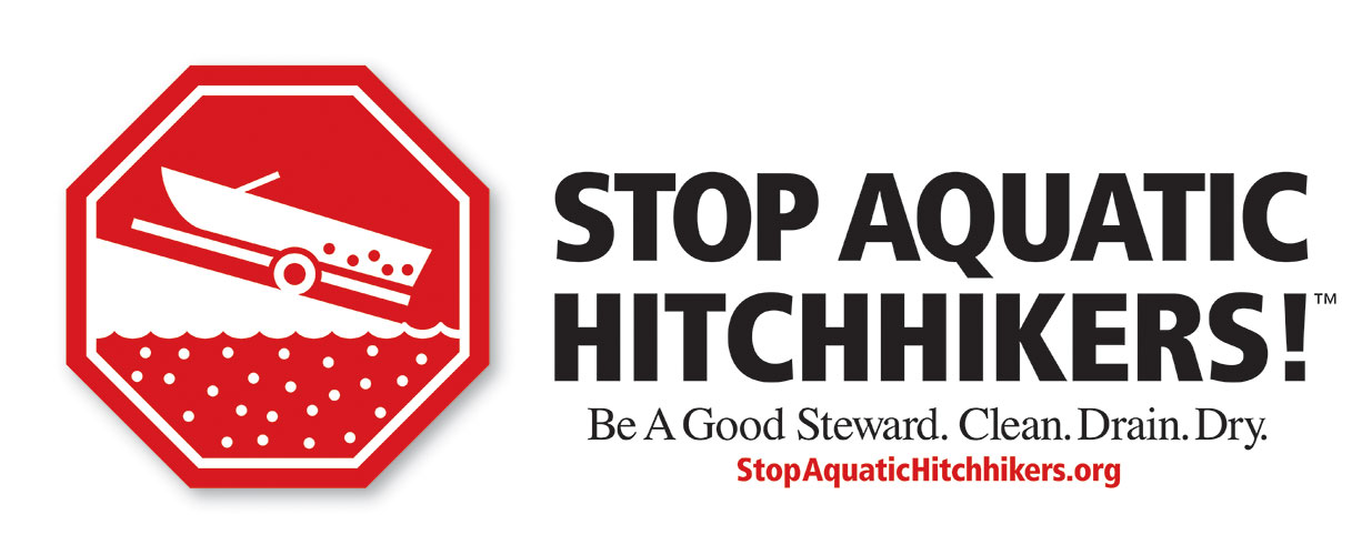 Stop Aquatic Hitchhikers logo red and white with a boat in a hexagon shape