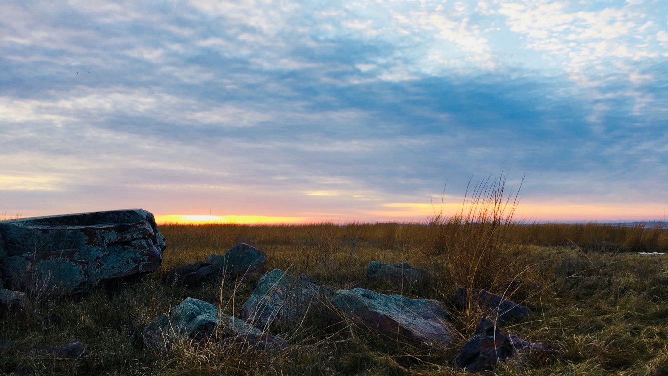 A stack of boulders is in the foreground on the left and middle of the photo. Golden-colored grasses blanket the ground. The sun is just starting to peek up above the horizon, casting a slight glow across the sky, creating pinks, purples, and different shades of blue.