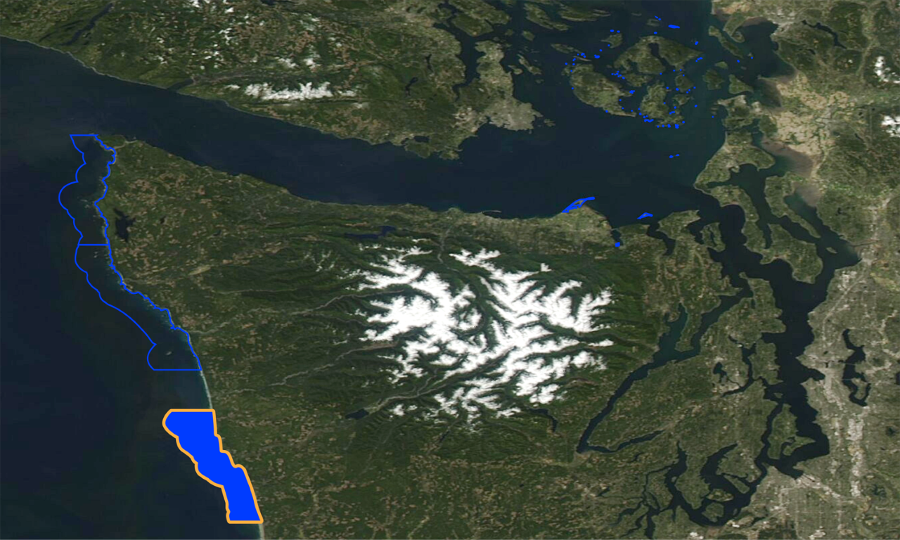 Satellite View of the Olympic Peninsula, Copalis NWR Highlighted