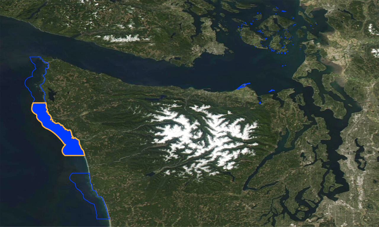 Satellite View of the Olympic Peninsula, Quillayute Needeles NWR Highlighted