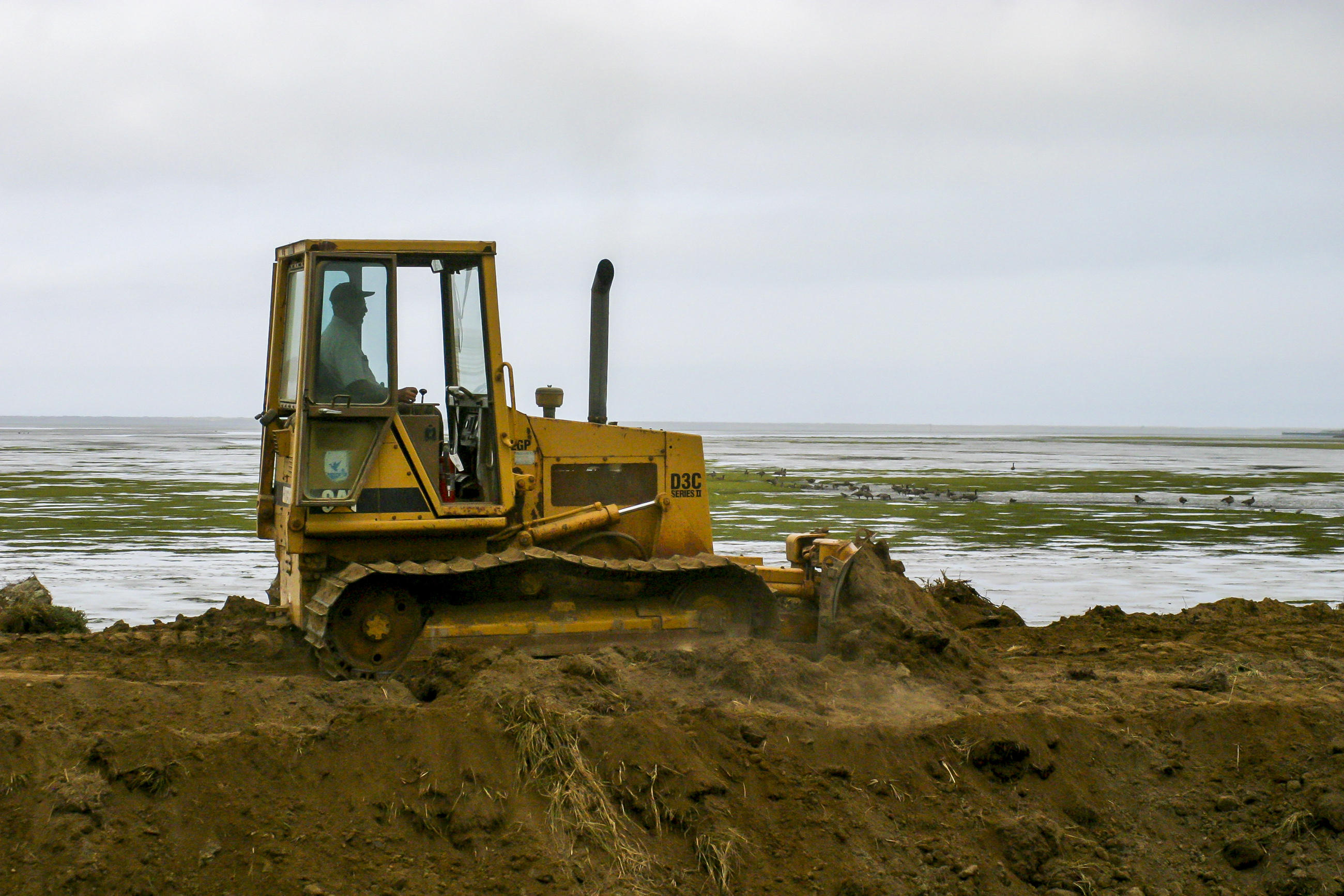 Bulldozer moves dirt on coast