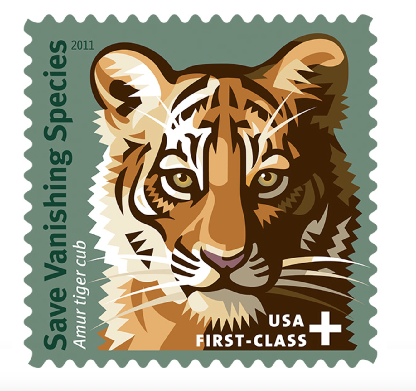 Save Vanishing Species semipostal stamp showing an artistic rendition of an Amur tiger cub