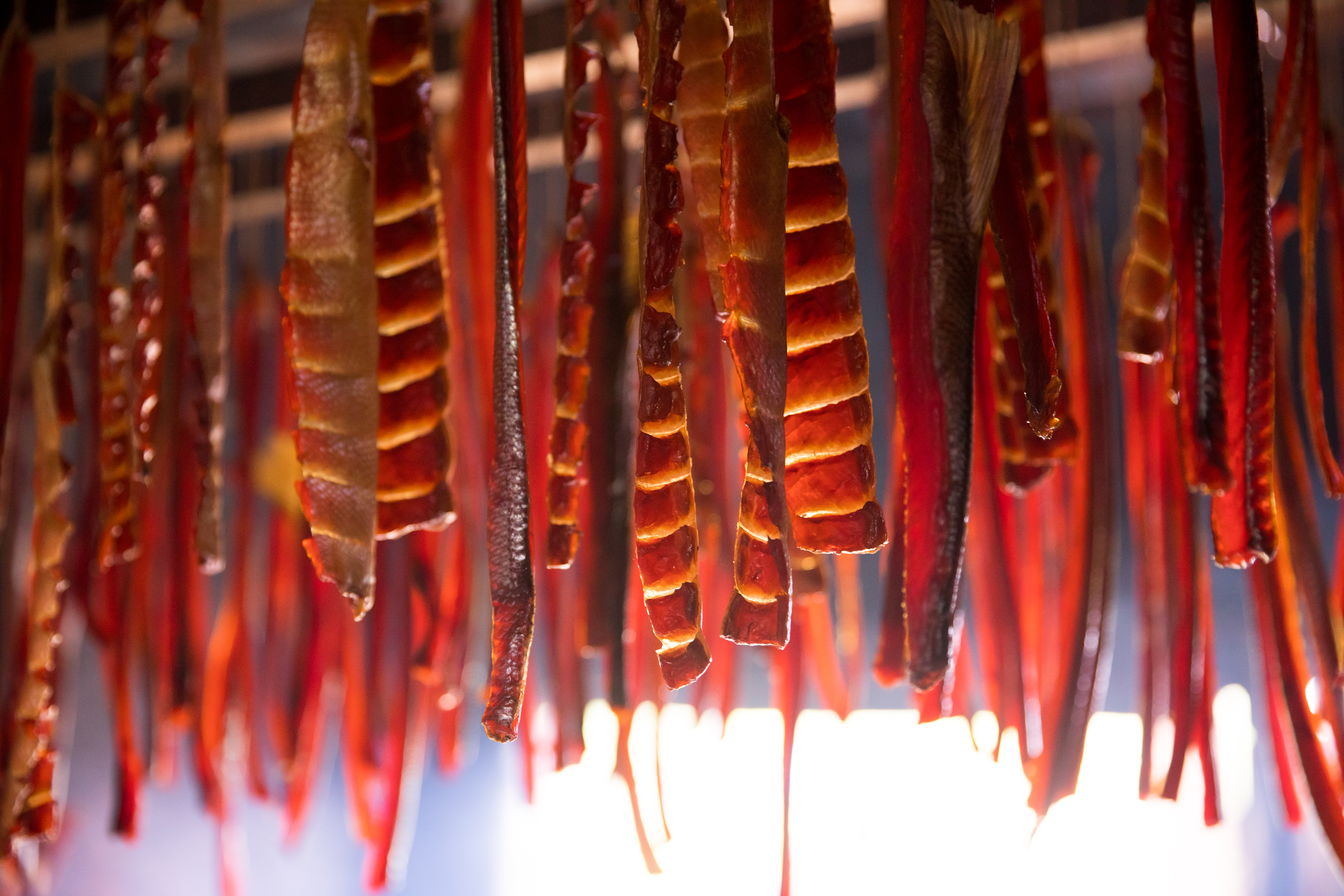 Strips of sockeye salmon hanging in a smokehouse
