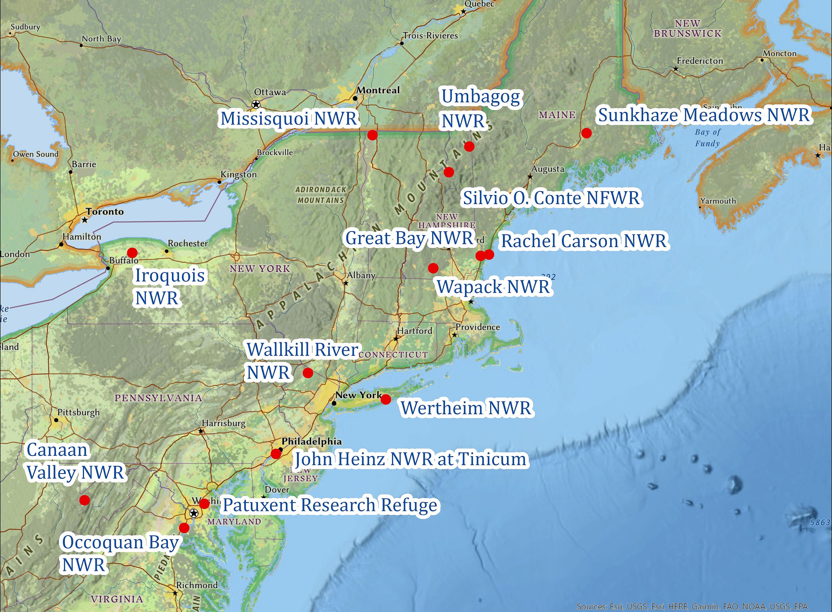 A map of the Northeastern United States showing the location of 14 national wildlife refuges