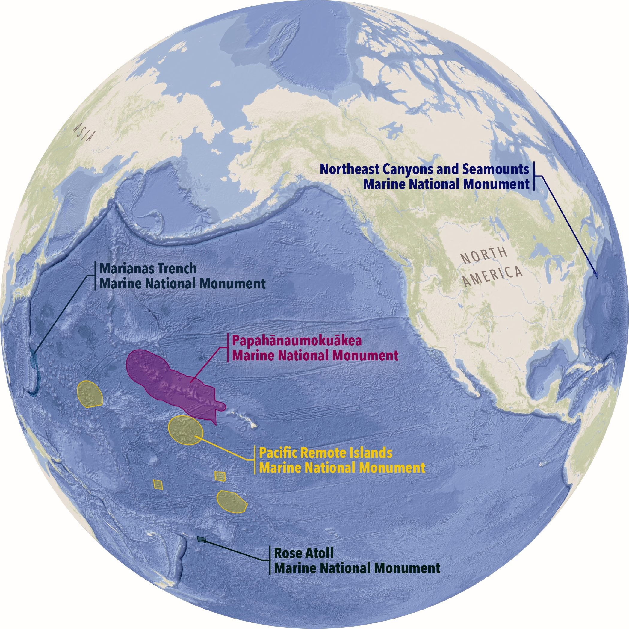 A graphic of the globe showing the five marine national monuments