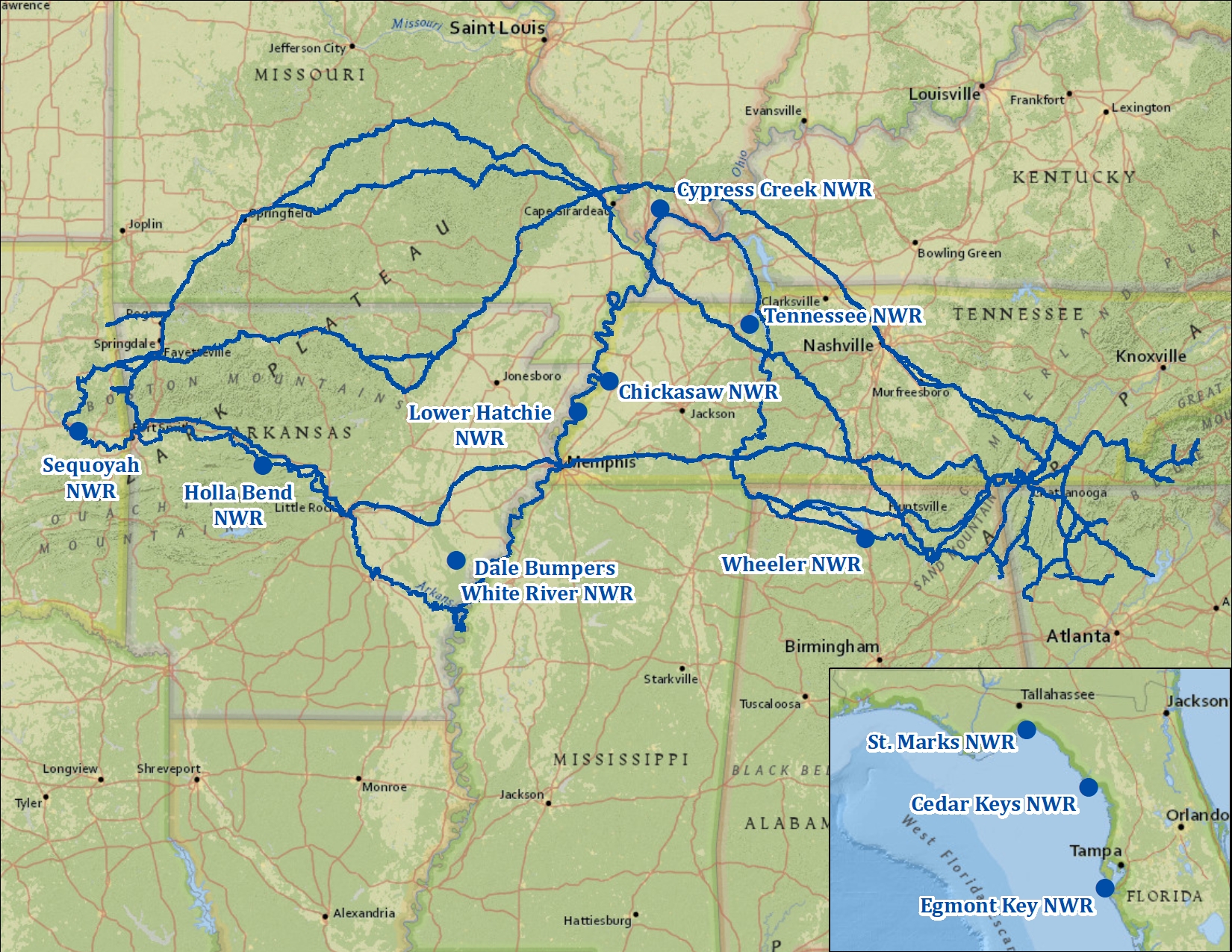 A map showing national wildlife refuges along the Trail of Tears from Florida and Alabama to Oklahoma