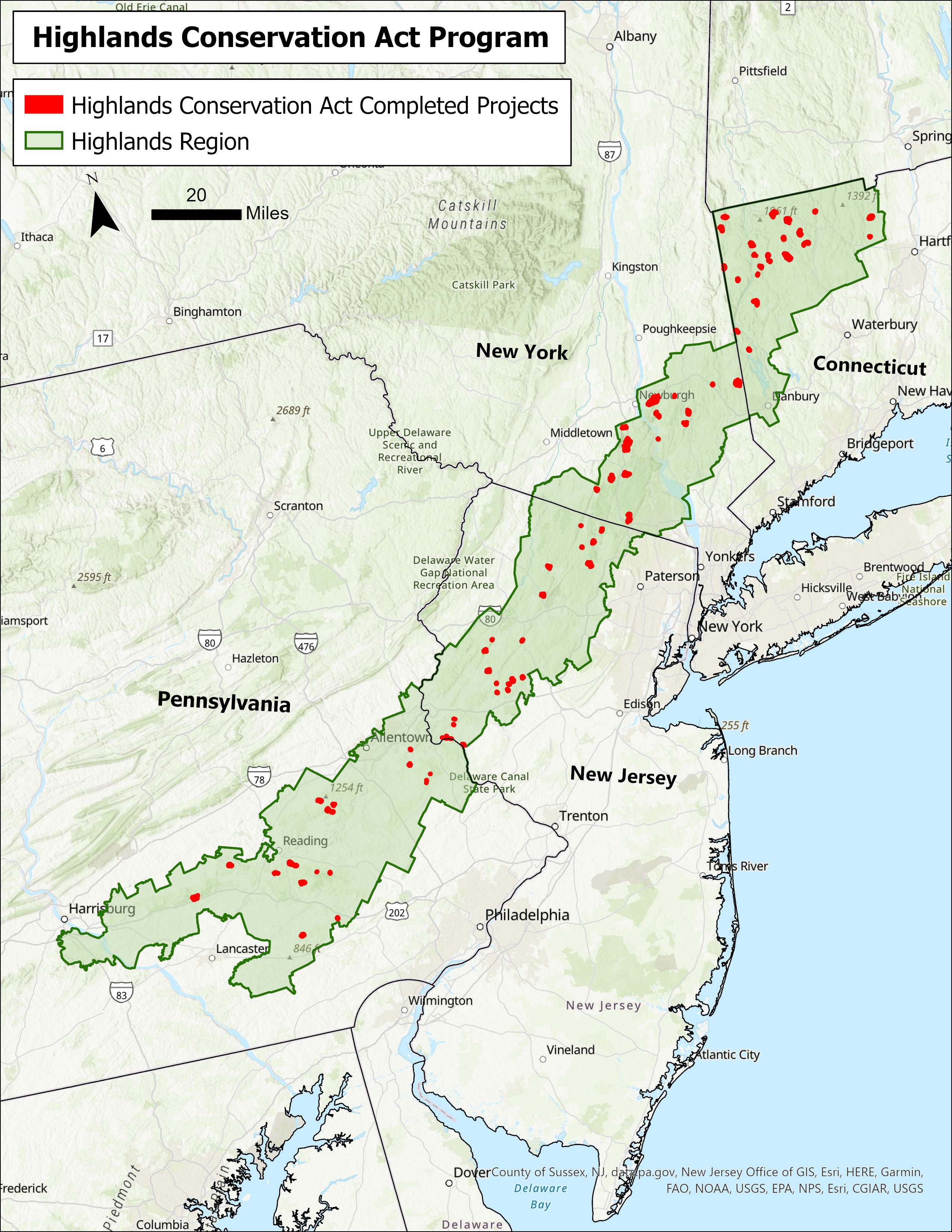 An overhead view of the four state Highlands region shows that several properties have been protected across north-western Connecticut into New York, New Jersey and eastern Pennsylvania.