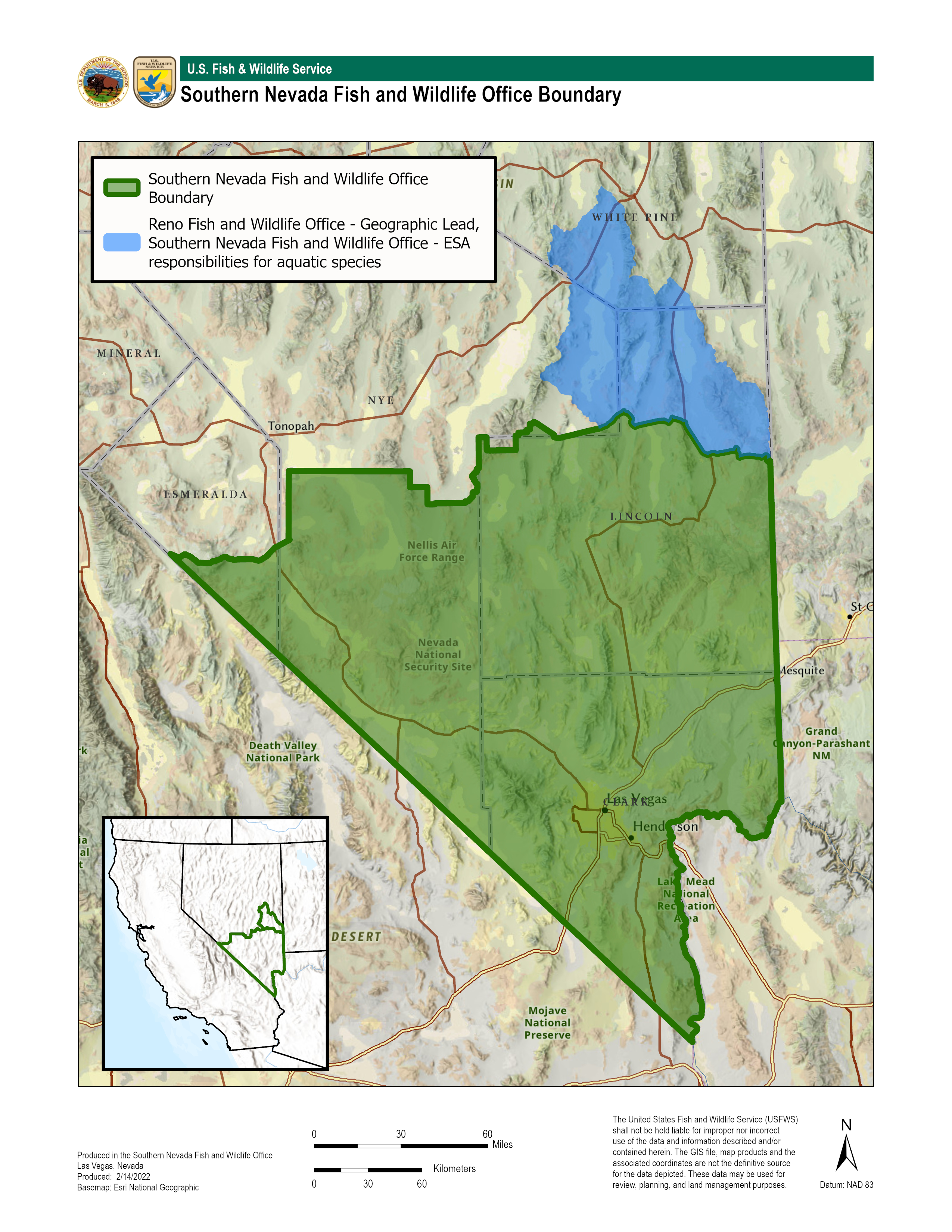 Map depicting area of southern Nevada covered by the Southern Nevada Fish and Wildlife Ofice