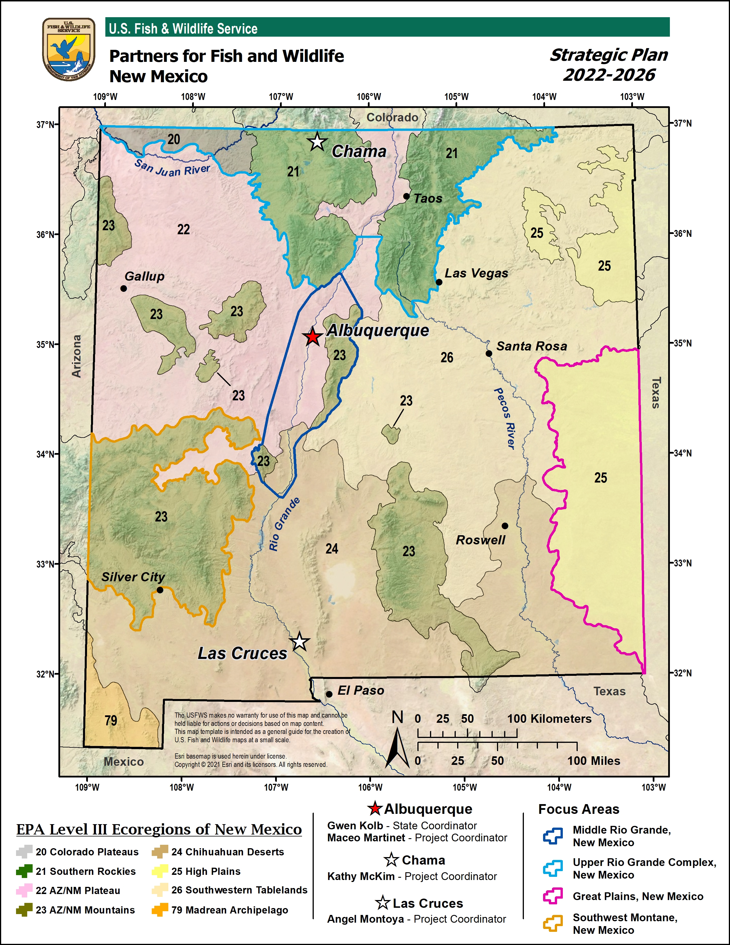 Map Focal Areas for the Partners for Fish and Wildlife Program in New Mexico, highlighting the middle rio grande, upper rio grande, great plains and southwest montane