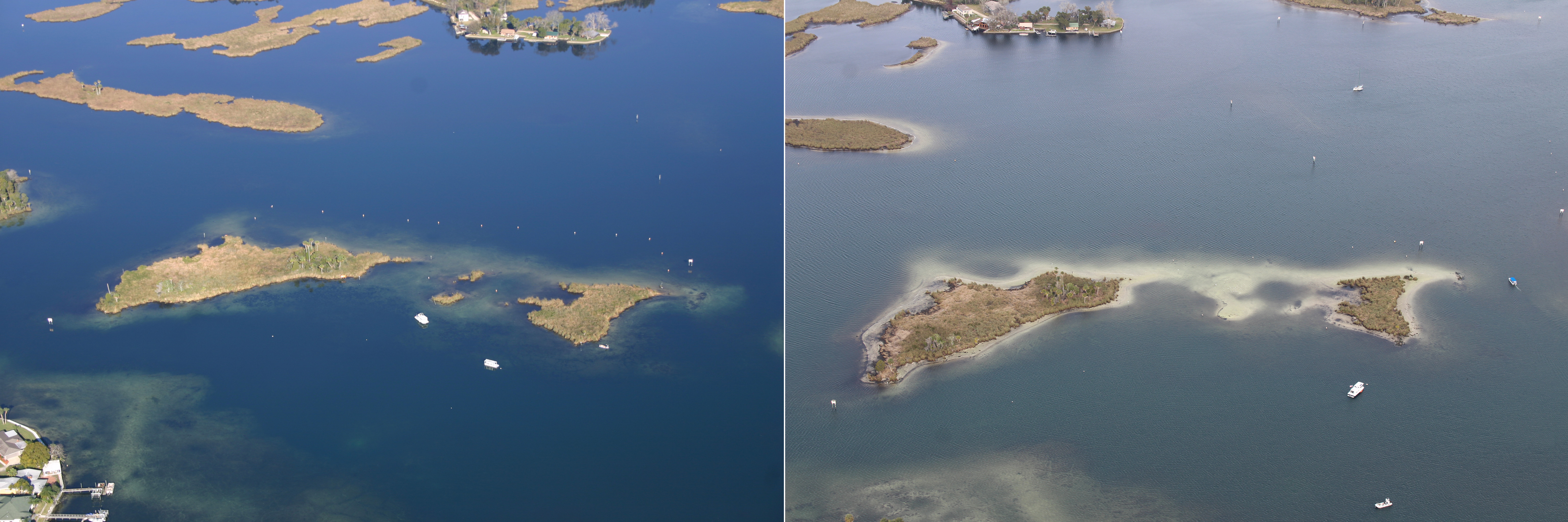 Two side-by-side aerial images of a forested island surrounded by teal ocean depicts the land shrinking in size as water fills in the space. 