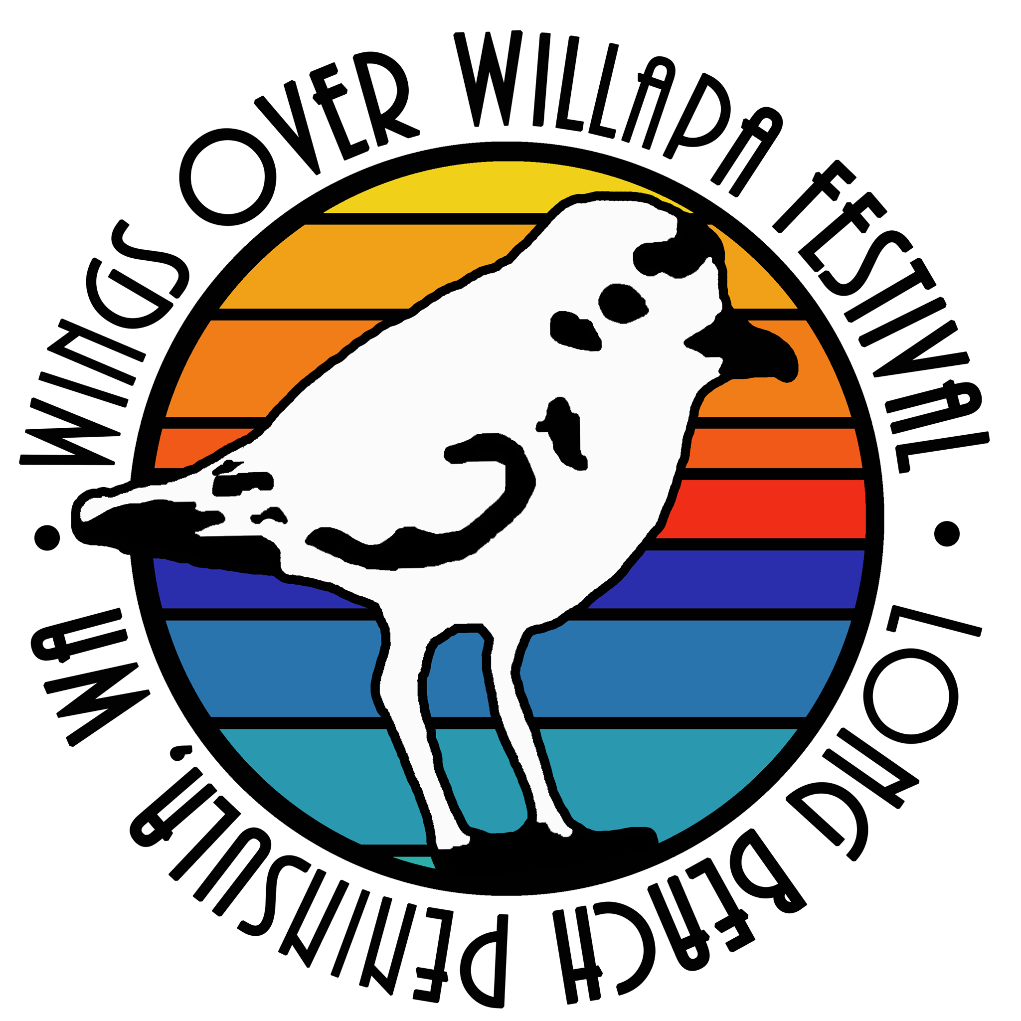 Wings Over Willapa Logo showing a small shorebird with rainbow colors behind it.
