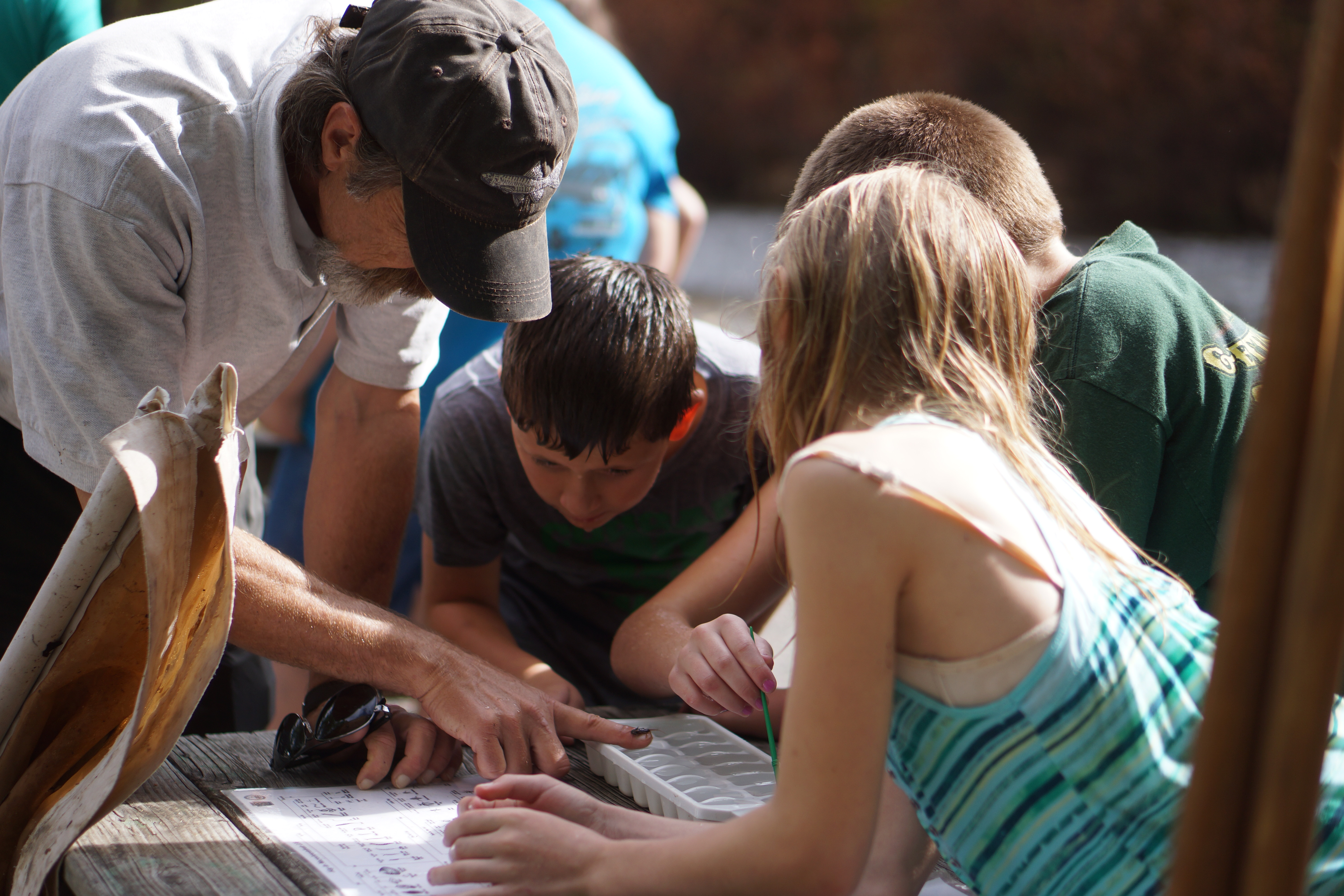 Fish and wildlife biologist, John Fridell, holds out a stream invertebrate to fifth grade students during Asheville, North Carolina's Toes in the Toe Festival