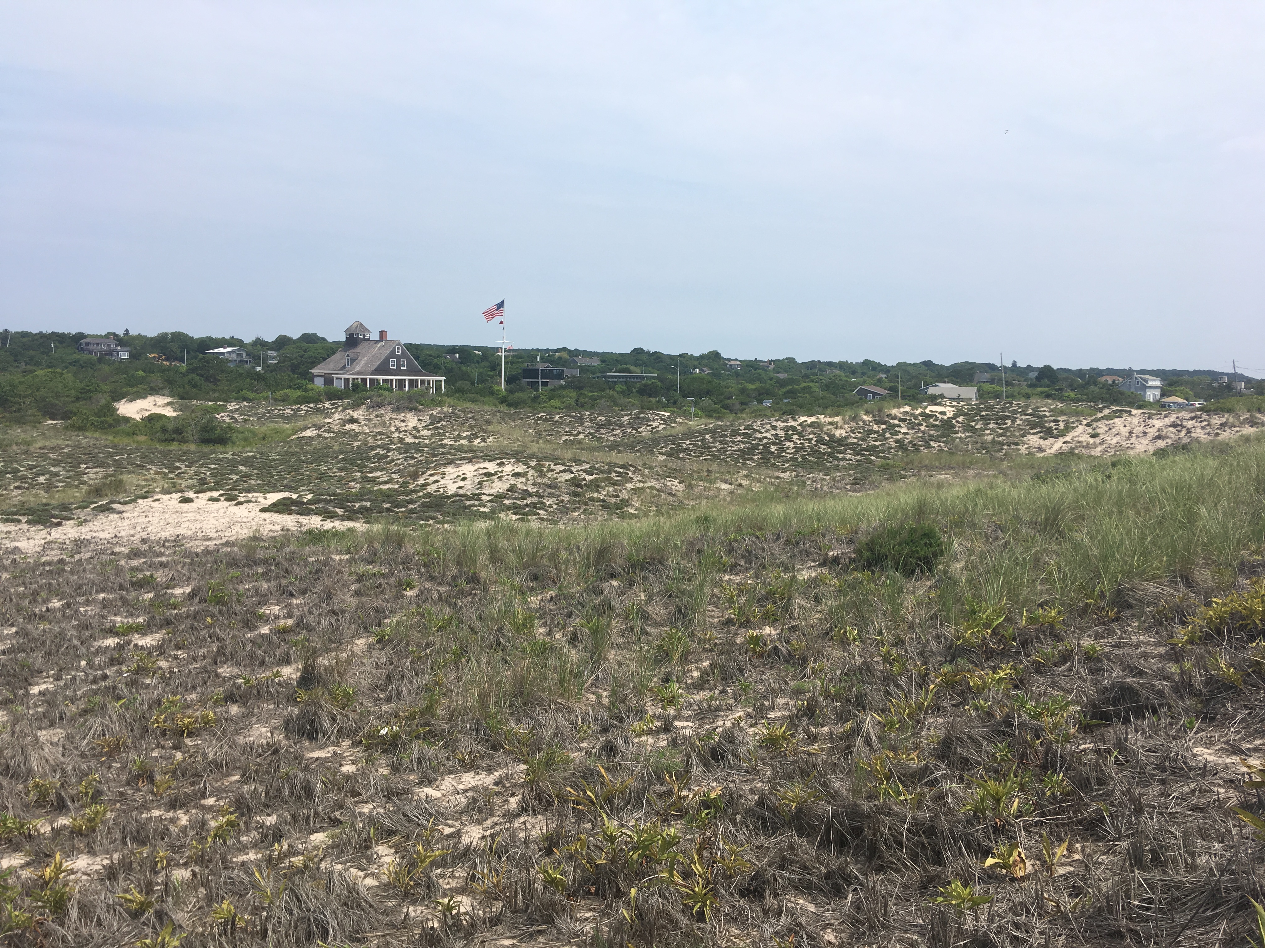 Beach grass covers the dunes in front of a Coast Guard Station
