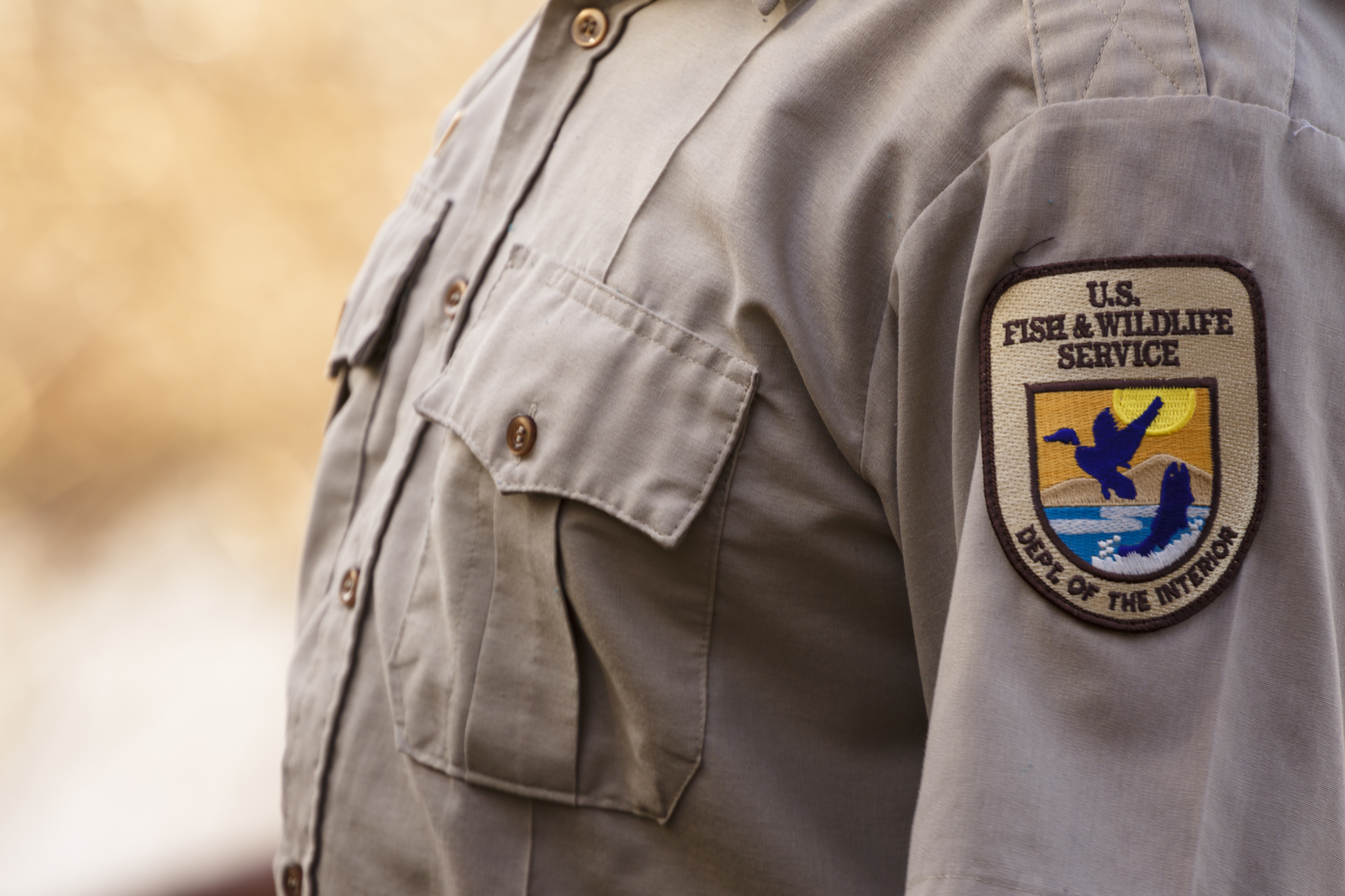A close up of a U.S. Fish and Wildlife Service staff wearing the Service uniform's beige shirt with the shield patch on the shoulder. 